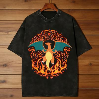 Charizard Fire Type Flames Generation T Shirt for Men Cotton Funny T-Shirts Round Collar Tees Short Sleeve Tops Plus Size