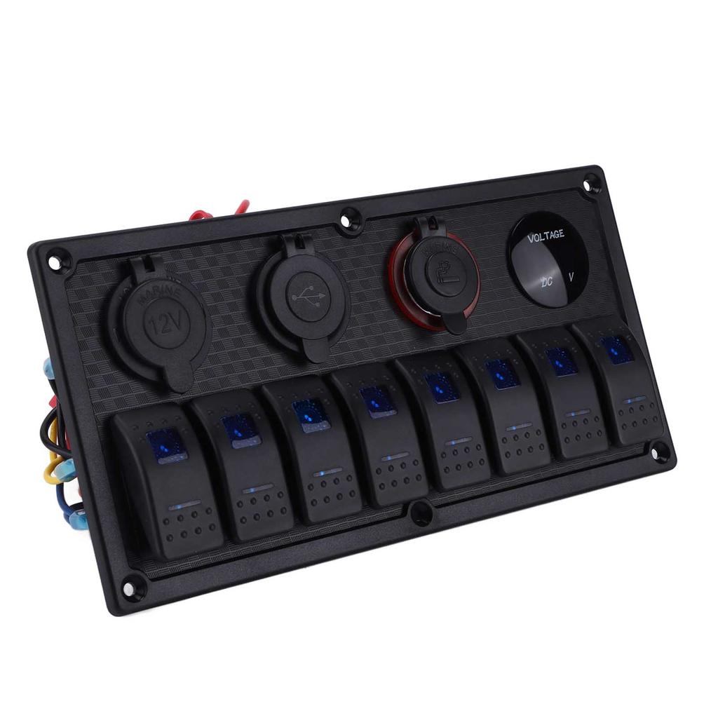 Black 8 Gang Rocker Switch Panel Toggle Switch with LED Backlight Motor Boat Modification DC12‑24V