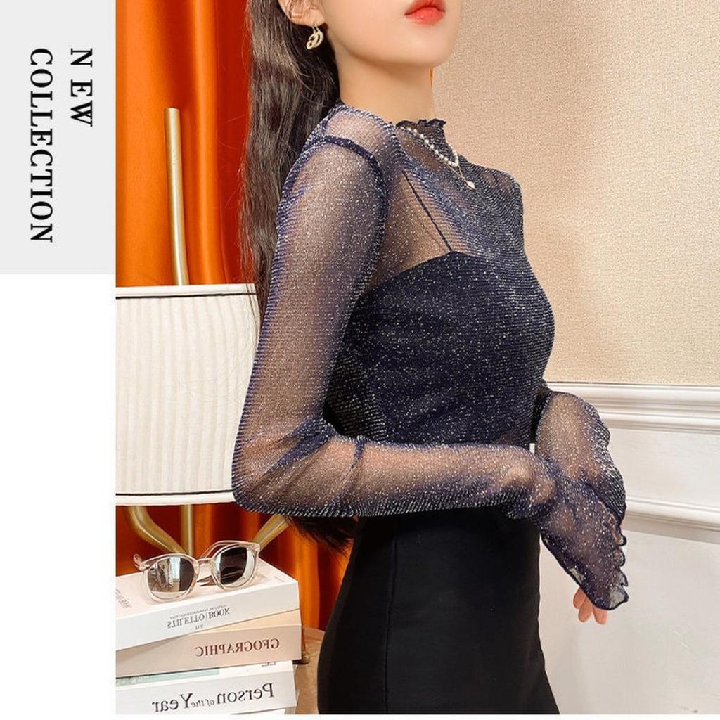 Women T Shirt See Through Transparent Mesh Tops Long Sleeve Sheer Slim Female Turtleneck Bright Silk T-Shirt Lace Crop Top
