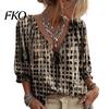Women Loose Off Shoulder Shirt Summer Casual Shirt, V Neck Lace Up 3/4 Sleeve Blouse, Plaid Breathable Print Flowy Tops, Lightweight Chiffon Tops