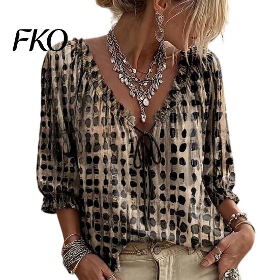Women Loose Off Shoulder Shirt Summer Casual Shirt, V Neck Lace Up 3/4 Sleeve Blouse, Plaid Breathable Print Flowy Tops, Lightweight Chiffon Tops