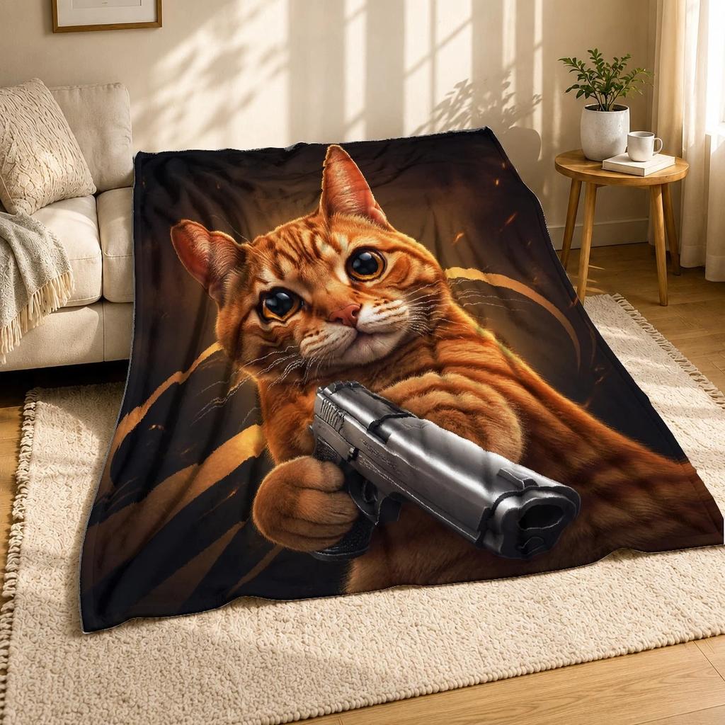Orange Tabby Cat With Gun Coral Fleece Blanket Novelty Art