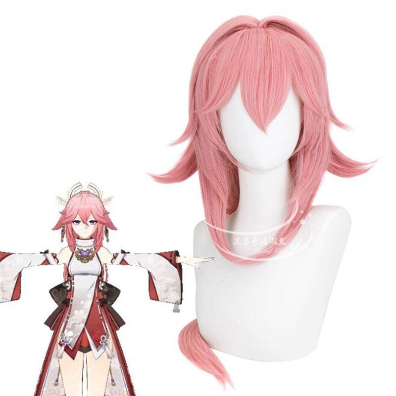 Высококачественный игровой парик для косплея Genshin Impact Yae Miko, длина 85 см, розовые термостойкие синтетические волосы, парики в стиле аниме + шапочка для парика