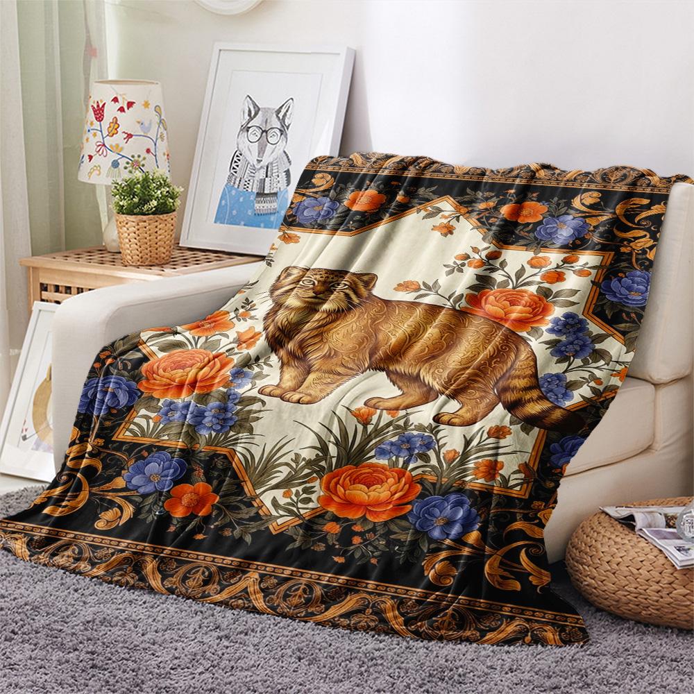 1PC Folk Art Print FlAannel Blanket, High quality Comfortable for All Seasons, Home Decor, Warmth and Comfort