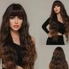 Ombre Dark Brown Curly Wigs with Bangs for Black Women Long Wavy Synthetic Cosplay Hair Wig Heat Resistant Fibre Afro Daily Wig