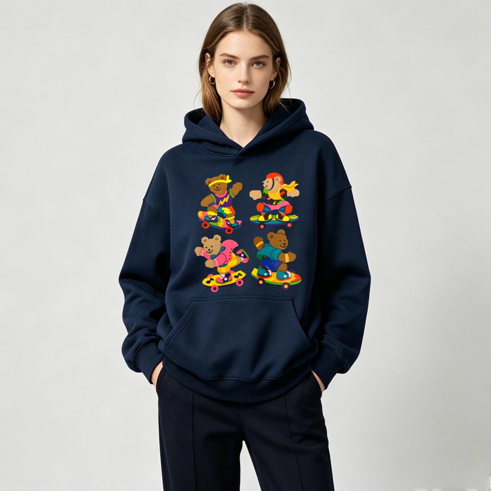 Unisex Cartoon Skateboard Bear Graphic Hoodie Oversized Pullover Streetwear Harajuku Cute Casual Y2K Couple Matching Outerwear