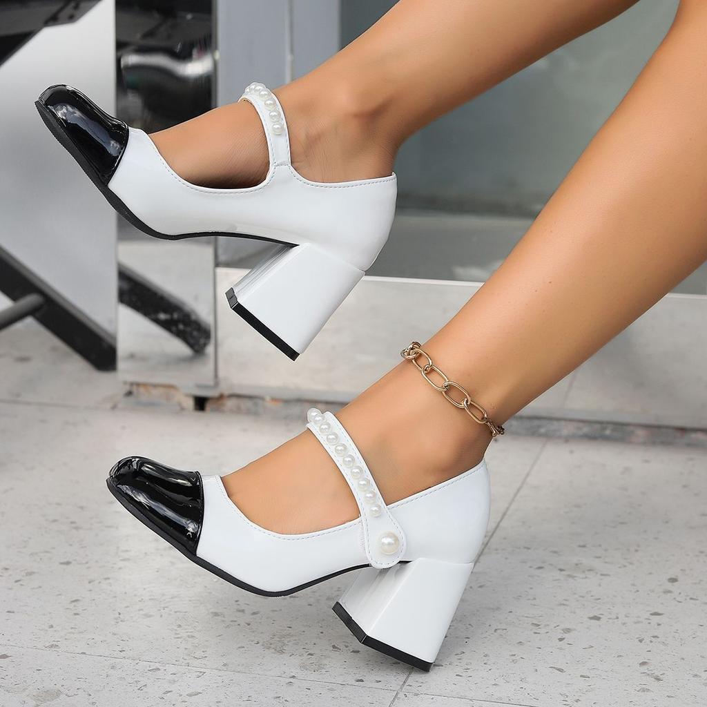 French Retro Color Matching Mary Jane Shoes Women's 2025 New Fashion Small Fragrant Style One-word Buckle High Heel Thick Heel Small Leather Shoes