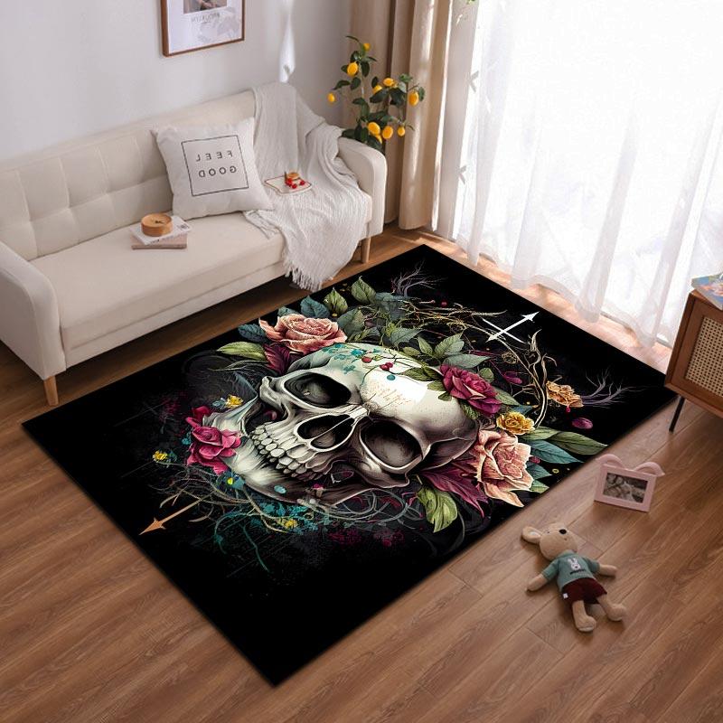Floral Skull Print Carpet with Roses and Vintage Artistic Style Design Suitable for use as an anti-slip for living room bedroom sofas