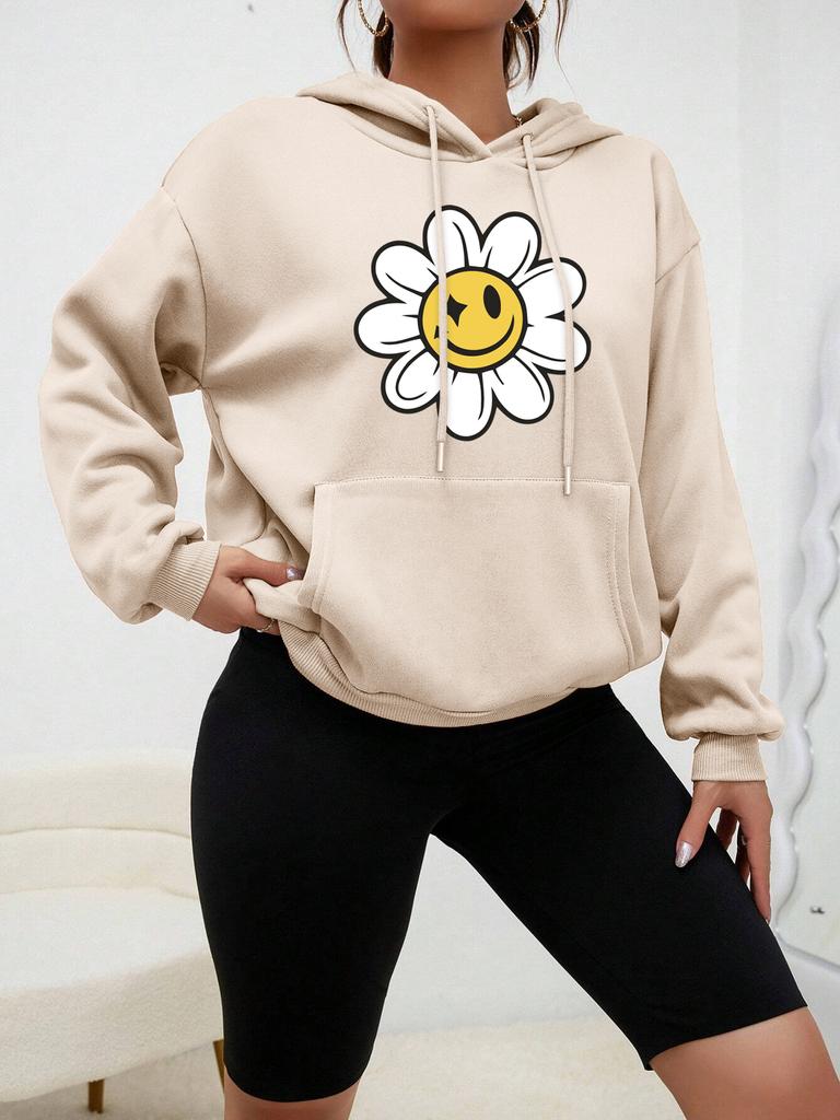 Smiling Face Flower Printed Streetwear Women Creativity Warm Hoodie Autumn Fleece Pullover Comfortable Pocket Female Clothes