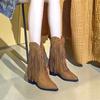 High Heeled Boots for Women Autumn Winter New Style Fashionable Rivet Western Thick Heel Tassel Boots Pointed Short Boots