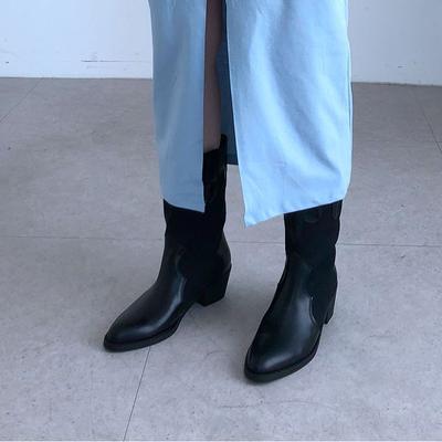 2024 осень новые интернет знаменитости остроконечные сращивание средние сапоги высокий каблук рукав вестерн вестерн женские сапоги