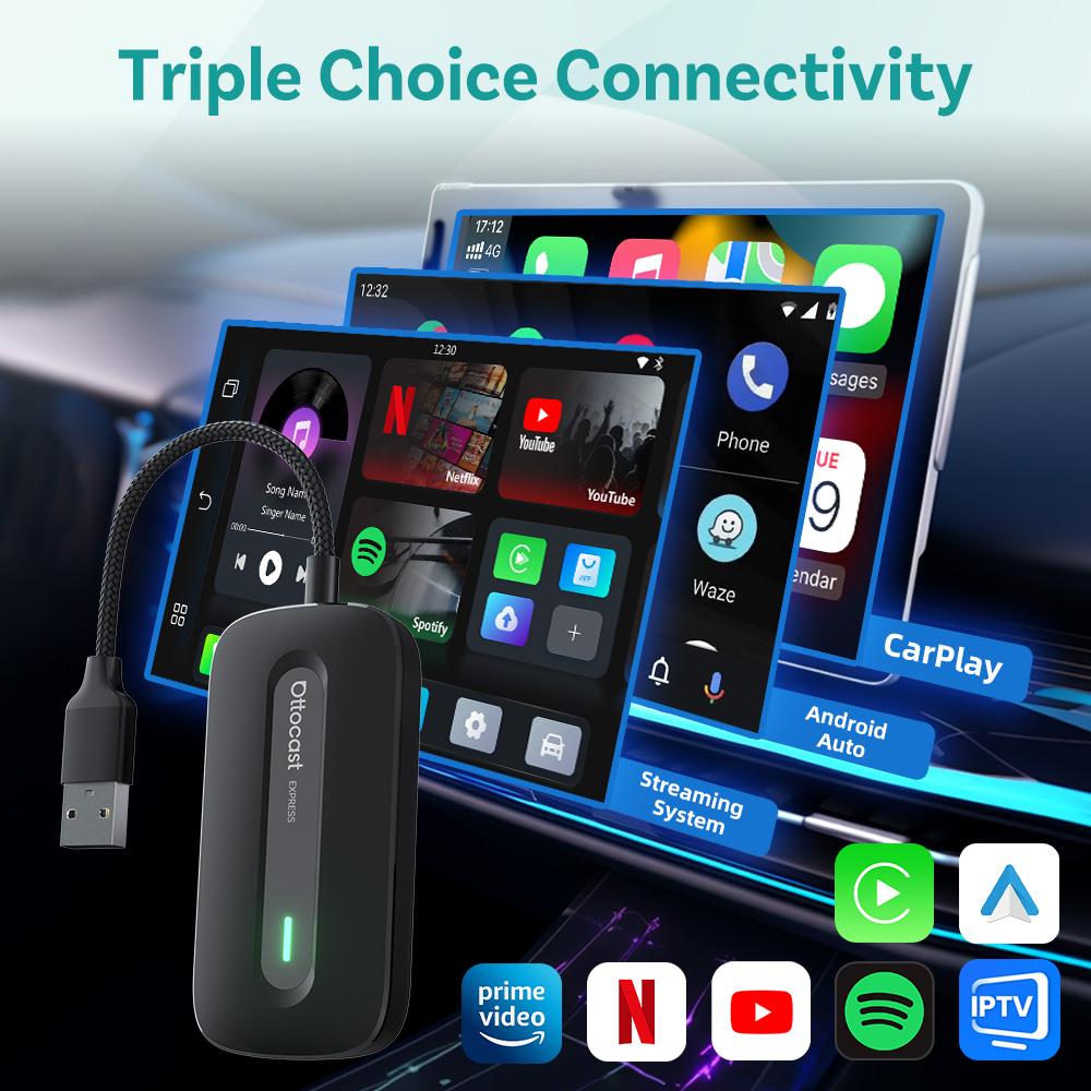 OTTOCAST New Play2Video Pro Wireless Carplay Adapter Android Auto Ai Box Built in Youtube Netflix for Car with Wired Carplay