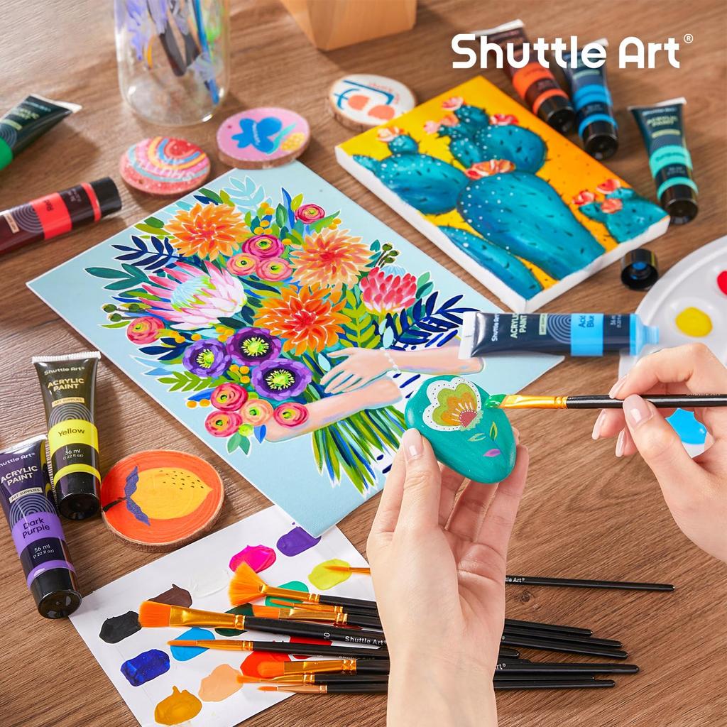 Shuttle Art Acrylic Paint, Acrylic Pigment, 48 Piece Set, 30 Colors, 10 Paint Brushes, Includes Parate, Quick Dry, Durable, Tube, 36ml, Handmade, Can