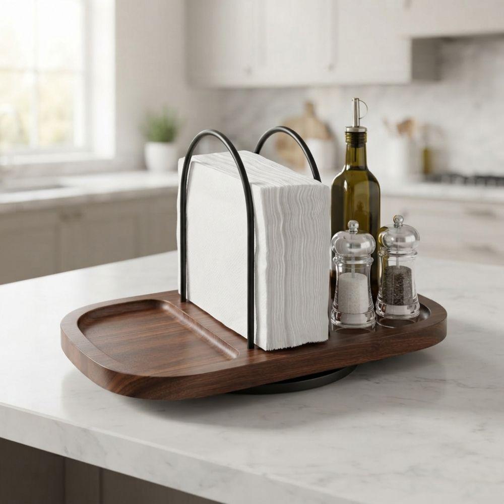 Multi Compartment Rotating Napkin Holder Wooden Seasoning Storage Tray Restaurant