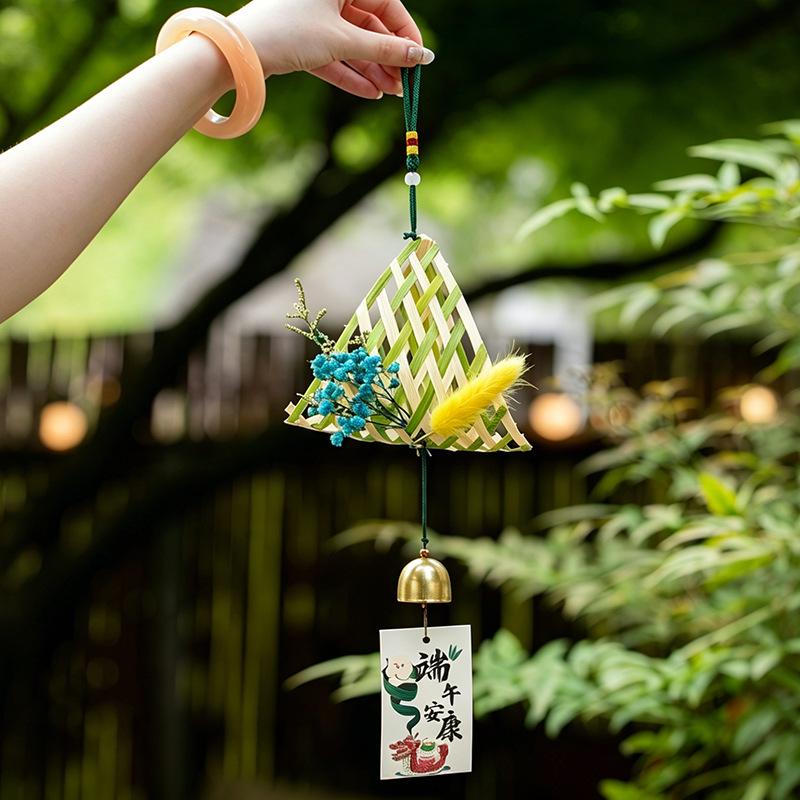Zen Dragon Boat Festival Bamboo Hanging Ornament: Bamboo-Woven Bells & Mugwort Pendant for Courtyard Decor