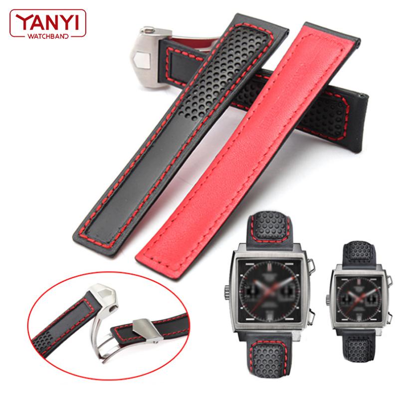 Genuine Leather Strap 22m for Ta-g He-uer F1 Watchband Red Stitches Wristwatches Band Fold Buckle Leather Watch Bracelet