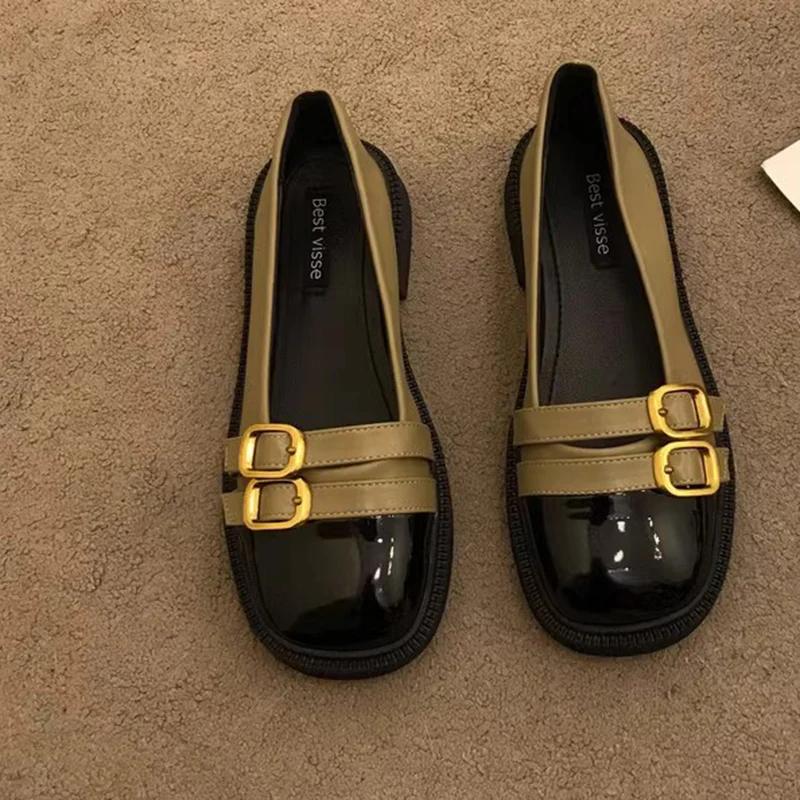 Модные винтажные лоферы с двойной пряжкой на низком каблуке для женщин 2025 весна пэчворк из искусственной кожи женские балетки