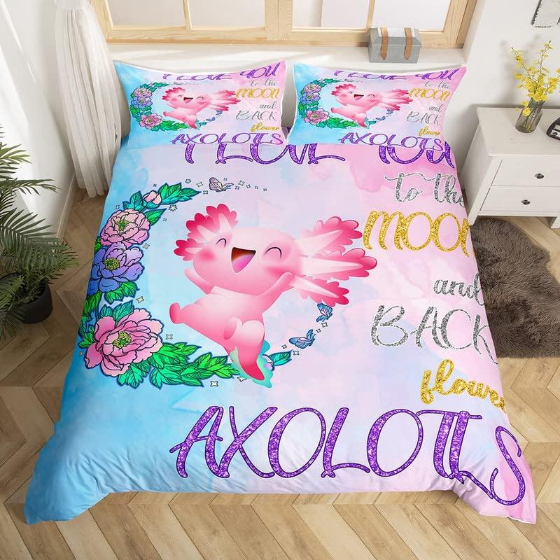 Мультяшный аксолотль Комплект пододеяльника King/Queen Size Детский Для девочек Мальчиков Милый Радужный Морская дикая природа Животное Рептилия Комплект постельного белья