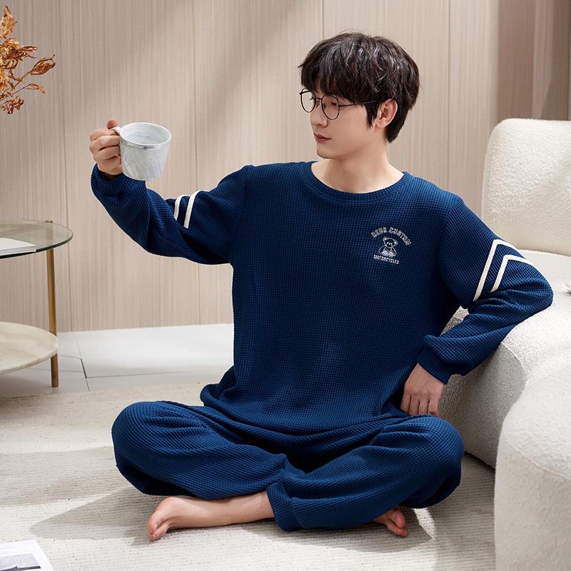 Мужская свободная вафельная пижама с рисунком из мультфильма - длинный рукав, чистый хлопок, большой размер