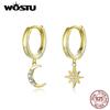 WOSTU Аутентичные серьги из стерлингового серебра 925 пробы со звездами и луной, женские модные серьги золотого цвета с цирконием