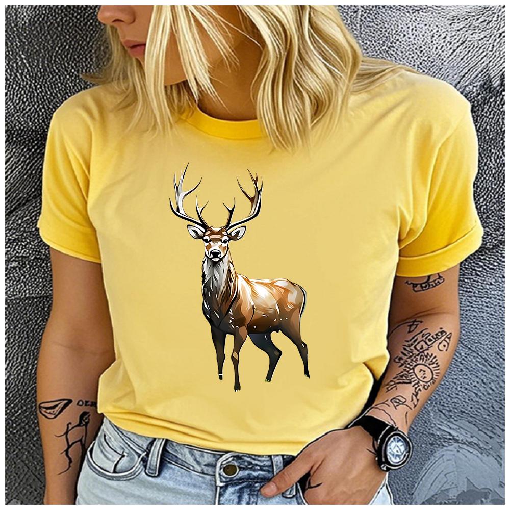 Unisex Polyester Summer Top with Stag Print Loose round Neck Short Sleeve Fashion for Astrology Lovers