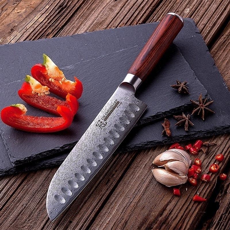 7-дюймовый нож Santoku из дамасской стали VG10, японский кухонный нож, кухонные принадлежности, деревянная ручка Pakka
