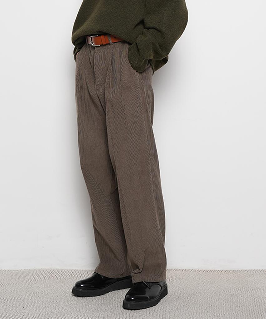 THE-ABON Men'S Day Classic Two-Pintuck Wide Corduroy Pants Khaki