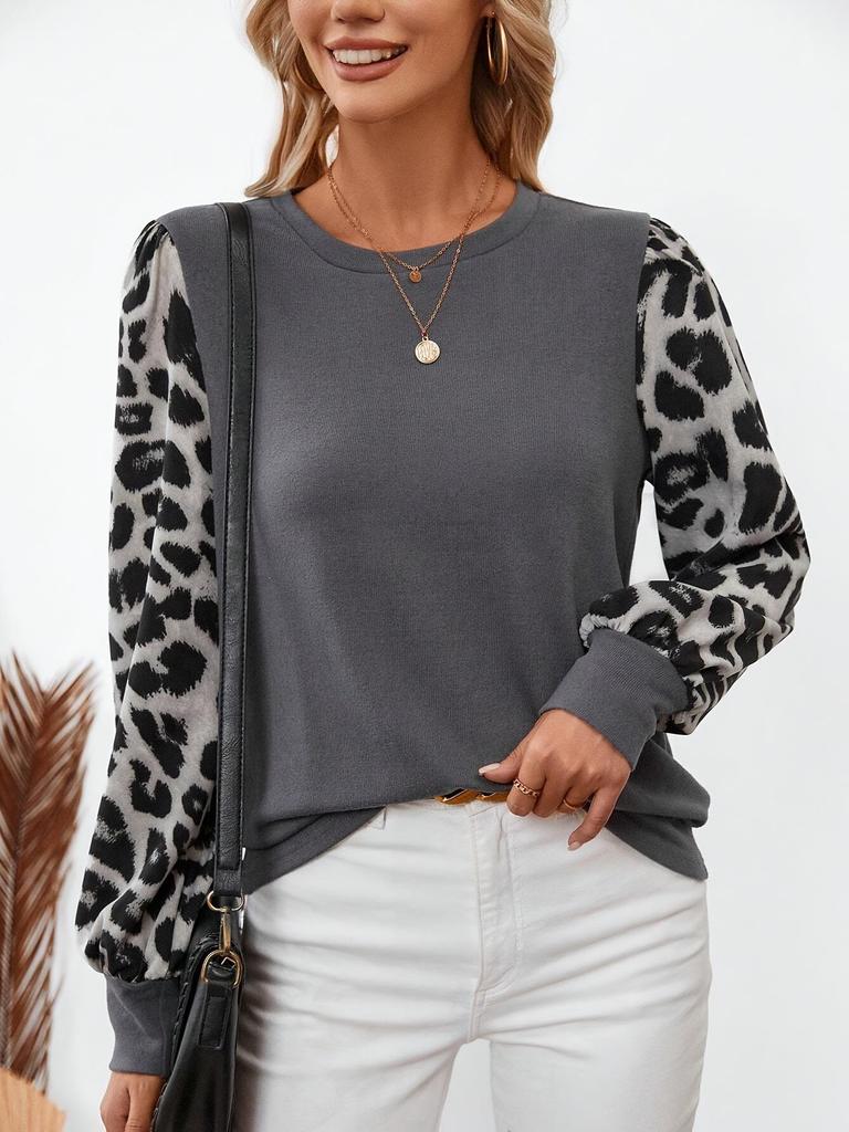 Женская футболка с длинным рукавом, круглым вырезом и леопардовым принтом, пэчворк, Осень/Зима 2024