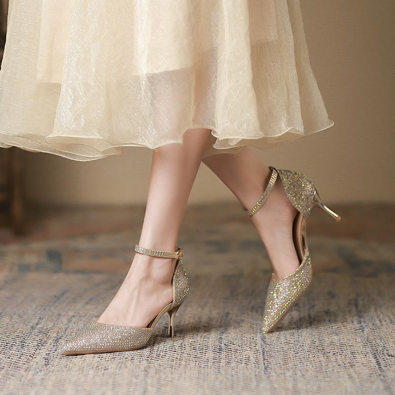 Босоножки на высоком каблуке со стразами, пикантные туфли на высоком каблуке с пряжкой, острые сандалии на шпильке, женские