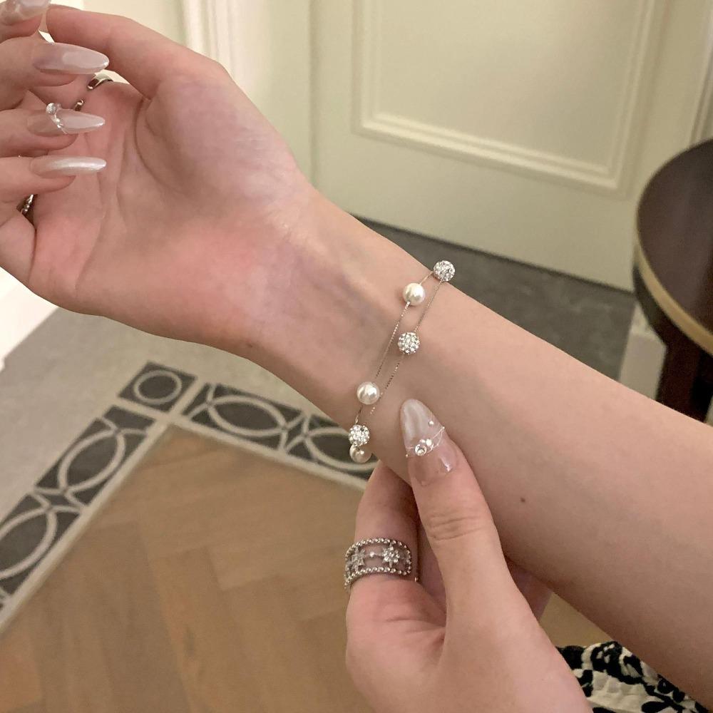 S925 pure silver French double-layer zircon Shambhala ball pearl natural freshwater pearl bracelet