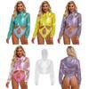 Womens Sparkly Sheer Top Hooded Long Sleeve Cropped Design Loose Fit Tops Club Rave Party