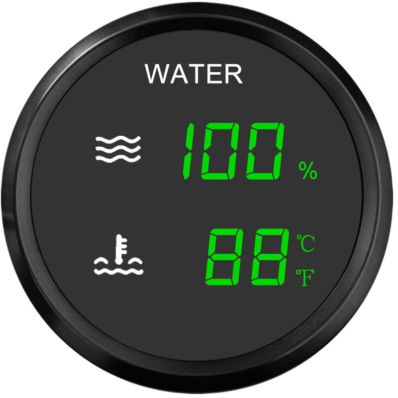 Rhaxel 52mm 2in1 Multifunctional Gauge Fuel Level Water Temperature Voltage Water Level 9-32V for Truck RV Yachts with Alarm