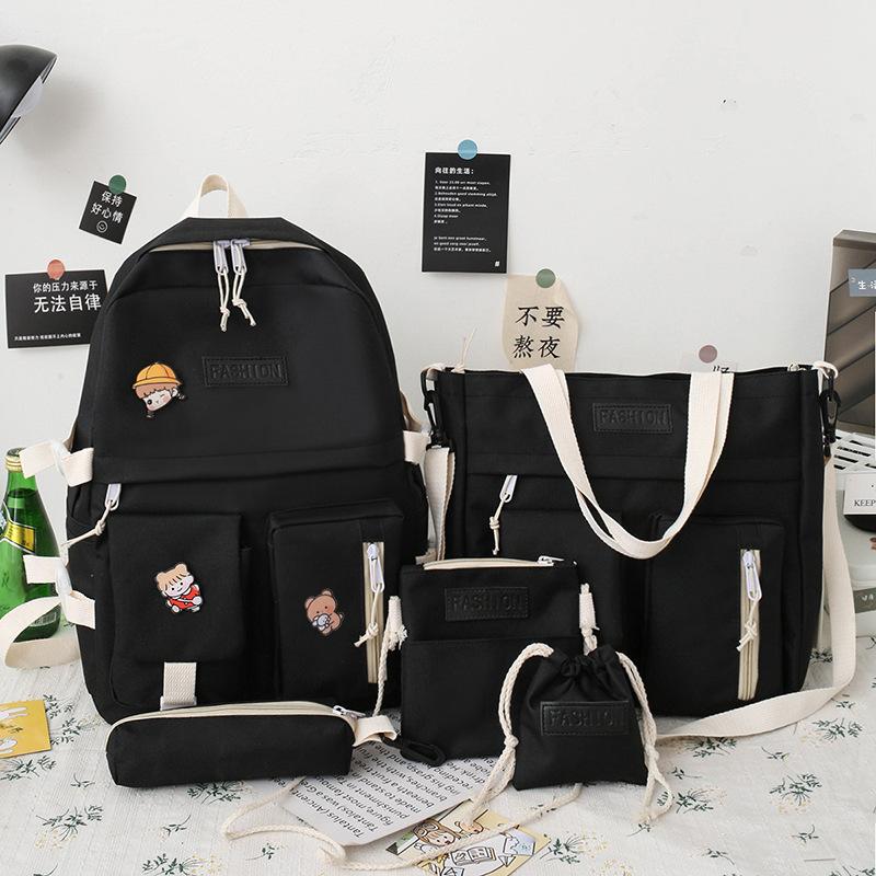 Backpack Women's Five Piece Set Korean Edition Contrast Canvas Campus Student Backpack Set