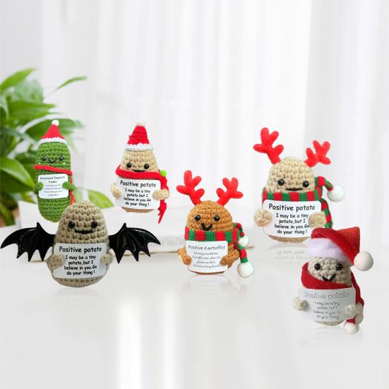 Positive Christmas Crochet Doll with Encouraging Card Emotional Support Handmade Knitting Santa Hat Potato Pickle Decoration Ornament Stress