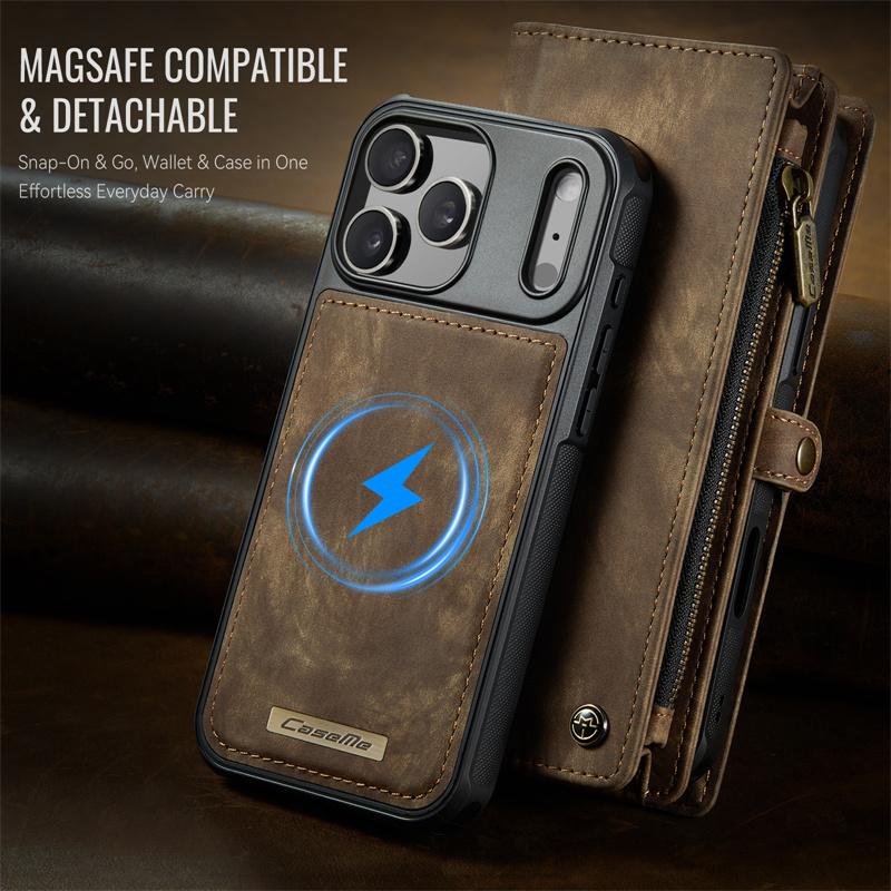 CaseMe Магнитный кожаный чехол-книжка для телефона iPhone 17 Pro Max 17 Air 16 16E 15 Plus 14 13 12 11 XS X XR SE 2022 Кошелек на молнии Задняя крышка с держателем для карт Coque