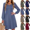 Women's Solid Color Casual Fashion V-neck Long Sleeved Mid Length Dress