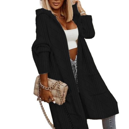 Женский осенне-зимний свитер, пальто с аппликацией с капюшоном, однотонный, толстый трикотаж, свободный, средней длины, с карманами, кардиган, с открытой строчкой, женский свитер, куртка