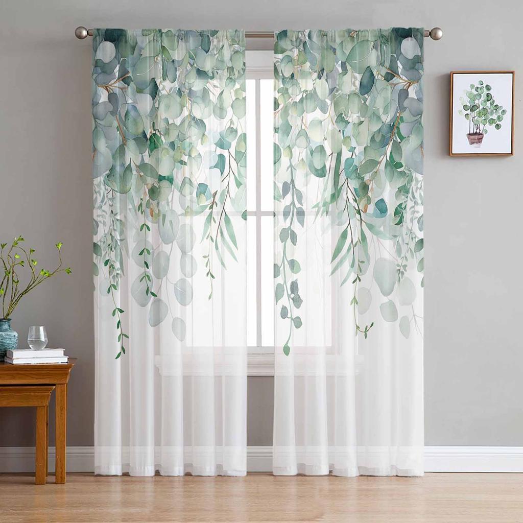 Abstract Sage Green Leaves Branches Sheer Curtains for Living Room Decoration Window Curtain Kitchen Tulle Voile Organza Drapes