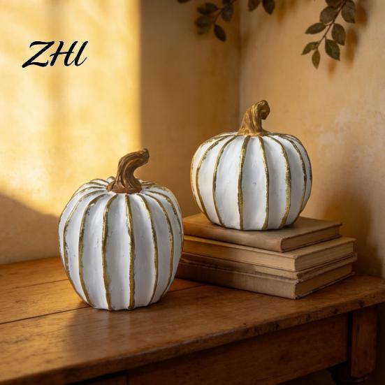 Halloween Display Props Fall Pumpkin Decor, White Gold Thanksgiving Decorative Pumpkin, Resin Pumpkins Holiday Gift for Home Figurine, Statues