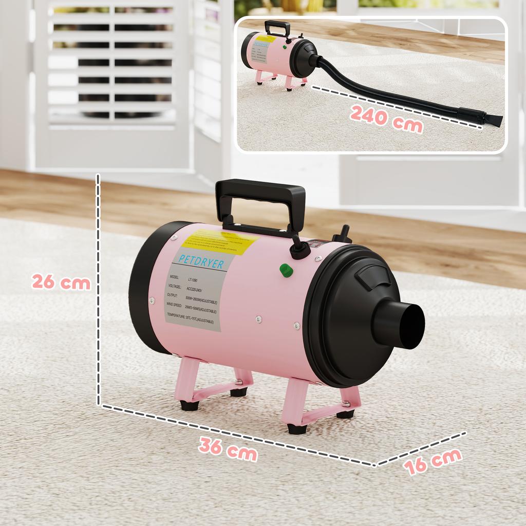2200W Dog Hair Dryer With Adjustable Temperature And Velocity 3 Different Nozzles Pink