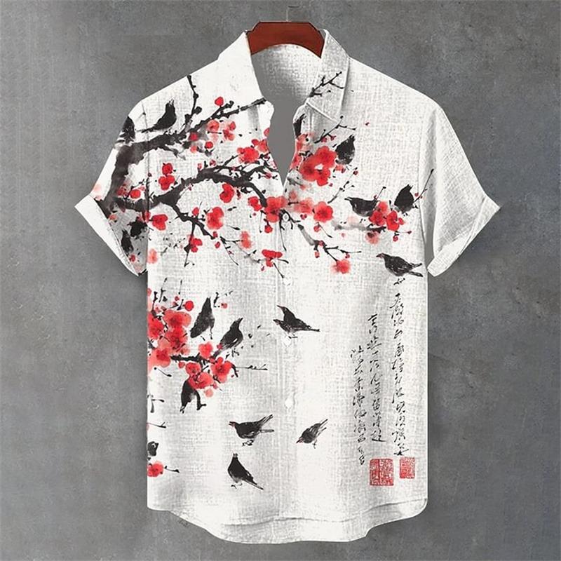 Men's Linen Short Sleeve Shirt Floral Printed Bird Butterfly Chinese Style Men's Fashion Clothing Flap Collar Shirt