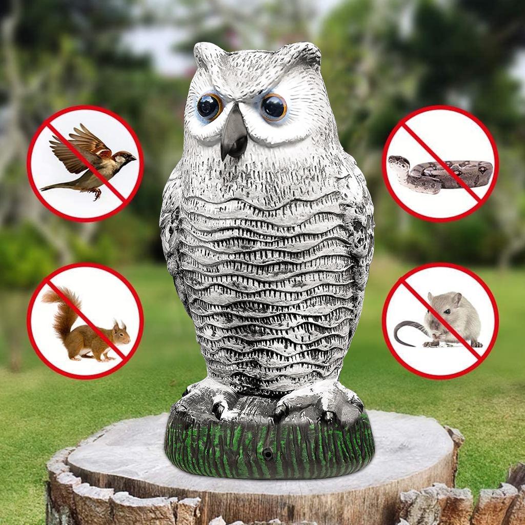 Owl Scare Bird Control Devices Waterproof Fake Owl Scarecrow with Flashing Eyes Frightening Sound Lifelike Owl Statue