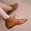 Women's Ankle Boots Solid Color Leather  Autumn Fashion Pointed Toe Lace-up Flat Boots for Women Casual Retro Sewing Shoes