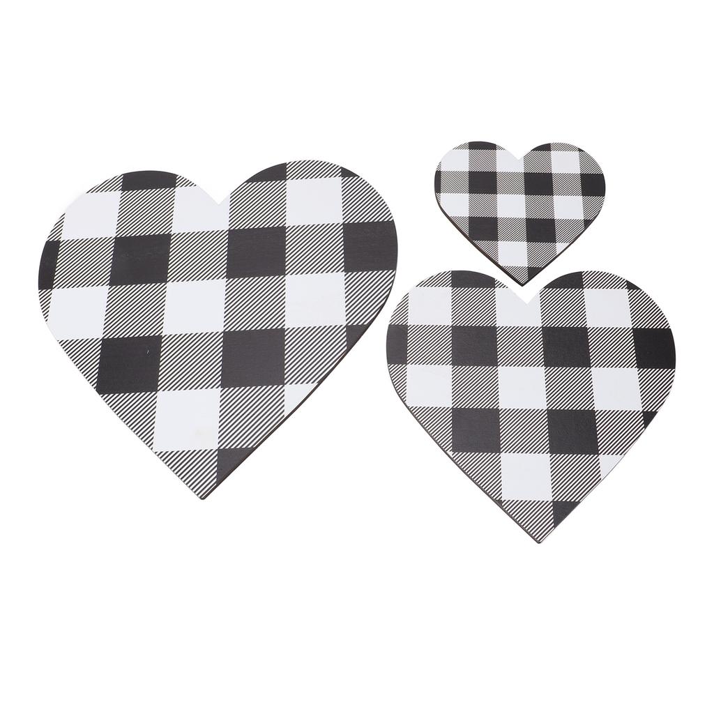 3Pcs Heart Shaped Wood Sign Plaid Wooden Wall Decor Rustic Hanging Plaque for Kitchen Bedroom Bathro