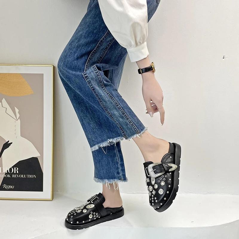 Fashion 2024 New Summer Women Slippers Platform Rivets Punk Rock Leather Mules Creative Metal Fittings Casual Party Shoes Female Outdoor