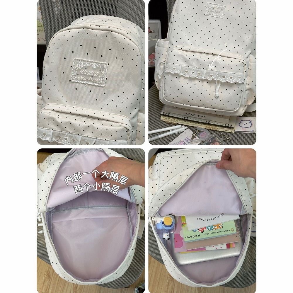 Sweet Lace Trim Rucksack Large Capacity Student School Bag Y2k Polka Dot Backpack Outdoor Use