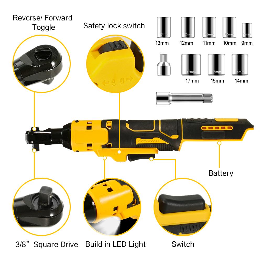 Electric Ratchet Wrench Set 500N.M Cordless 3/8" Power Impact Tool Sockets Kit For DEWALT Battery Car Repair Right Angle Wrench