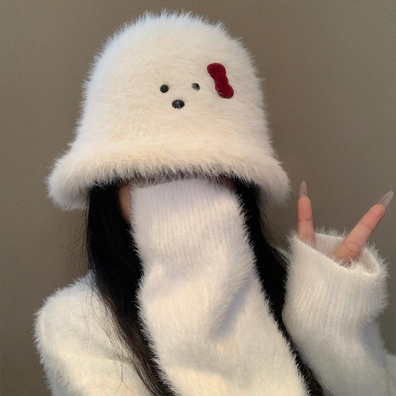 Plush White Stylish Fisherman Hat With Bow For Women Perfect For Fall Winter