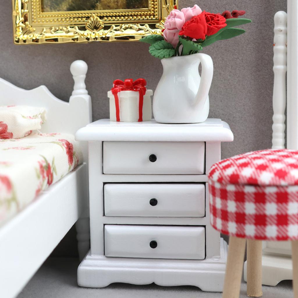 Миниатюрный прикроватный столик для кукольного домика, масштаб 1/12, белый, тумбочка с функциональными ящиками для домашнего офиса, элементы декора для витрины