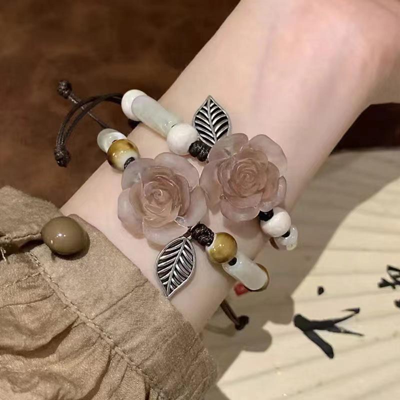 2025 Retro Chinese Camellia Braided Bracelet: Elegant, Ethnic-Style Design for Women